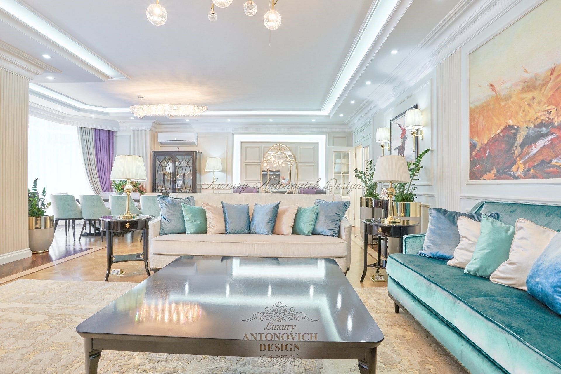 Элитный дизайн интерьера зоны отдыха в стиле новая классика, квартира в Нур-Султане