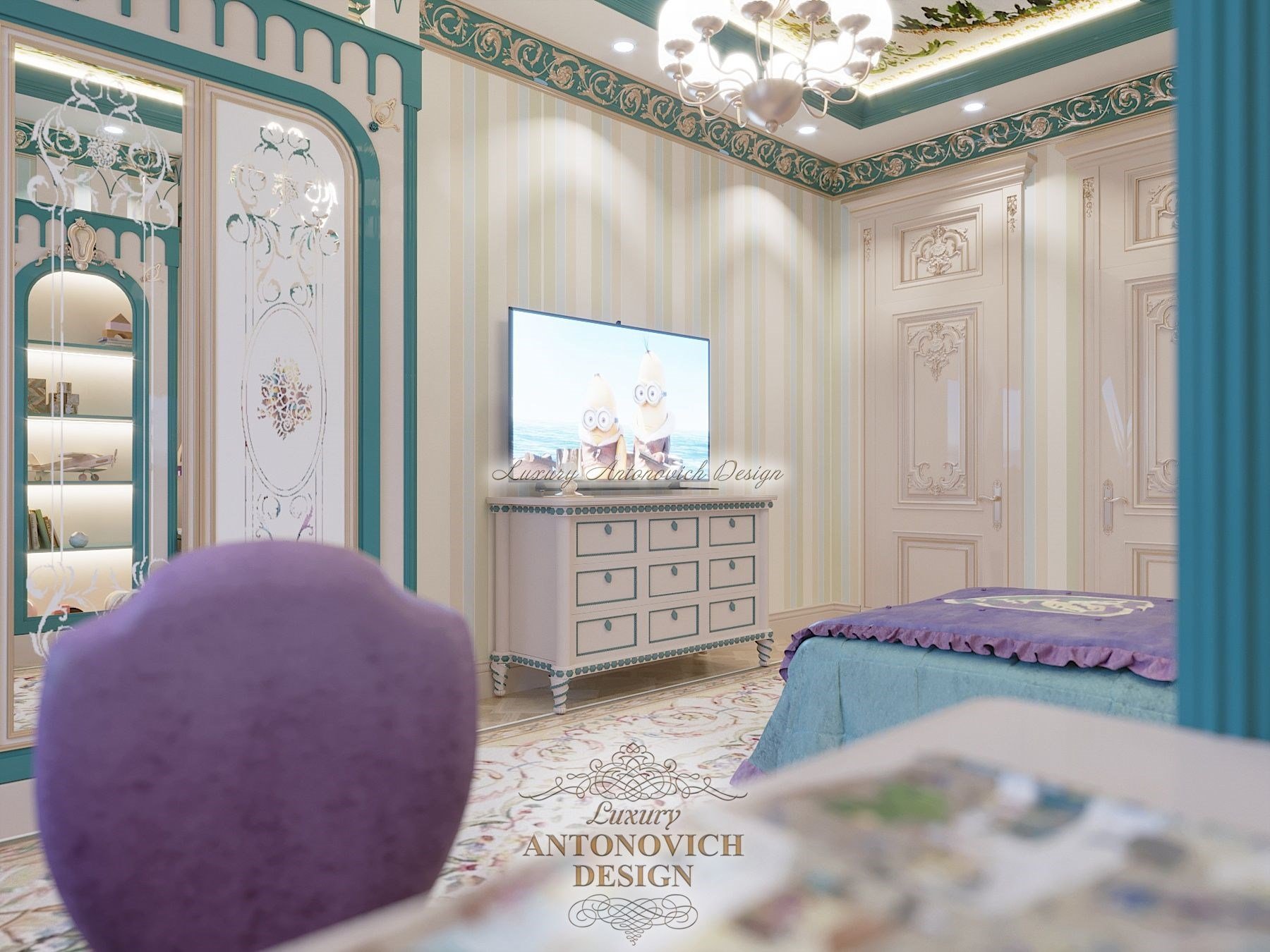 Изысканный интерьер спальни сына в классическом стиле, апартаменты в ЖК Dostyk Residence, Алматы