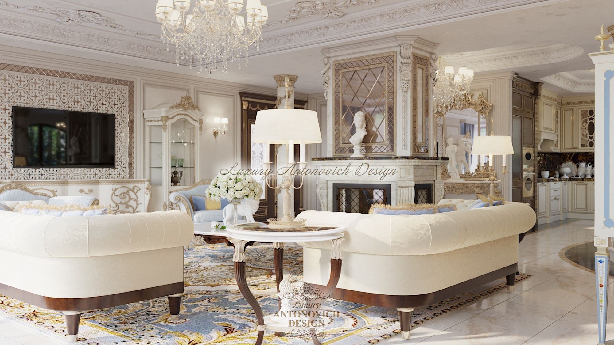 Интерьер роскошной гостиной в классическом стиле, дом в Будапеште
