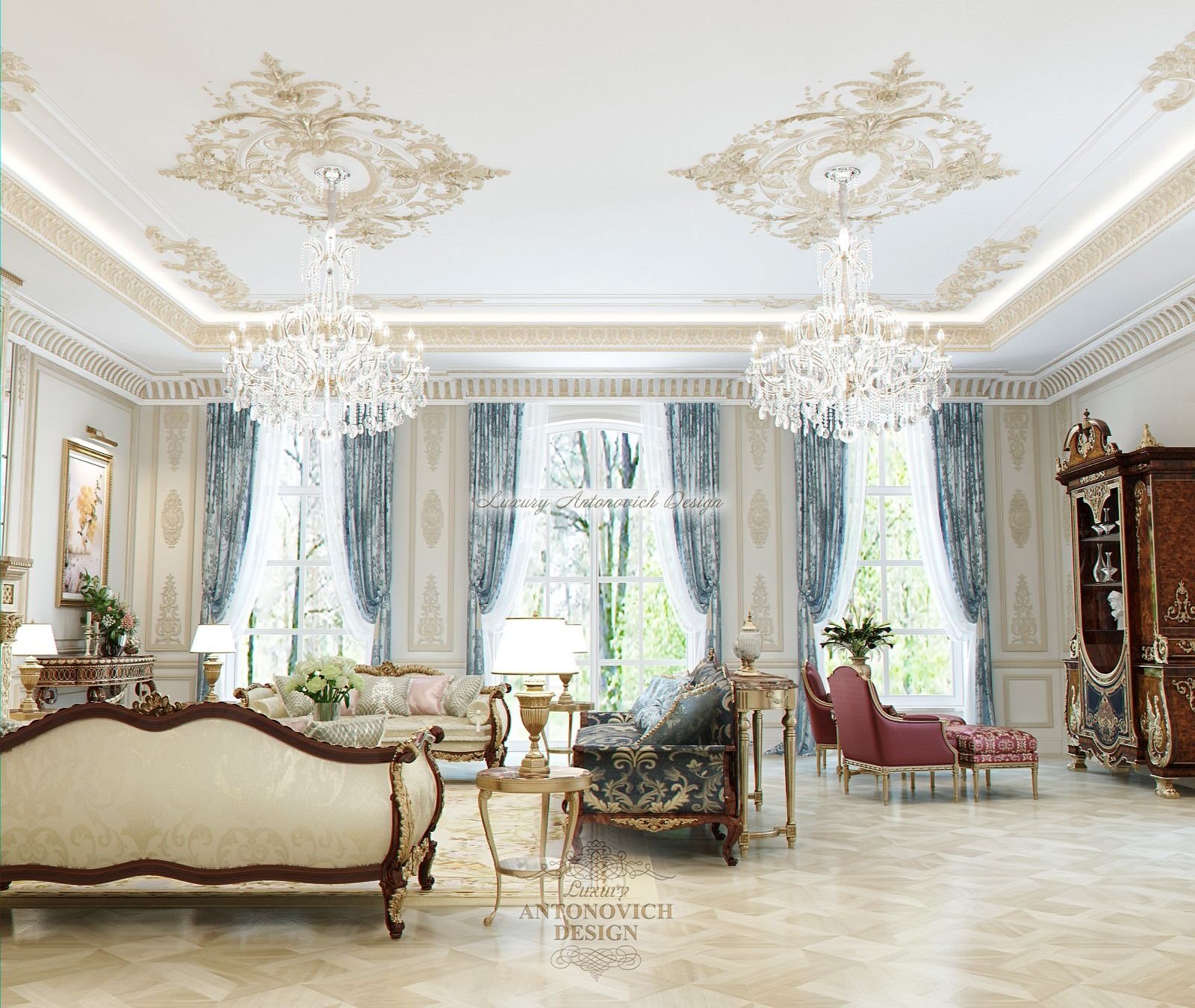 Роскошная столовая-гостиная особняка в стиле новая классика в Астане
