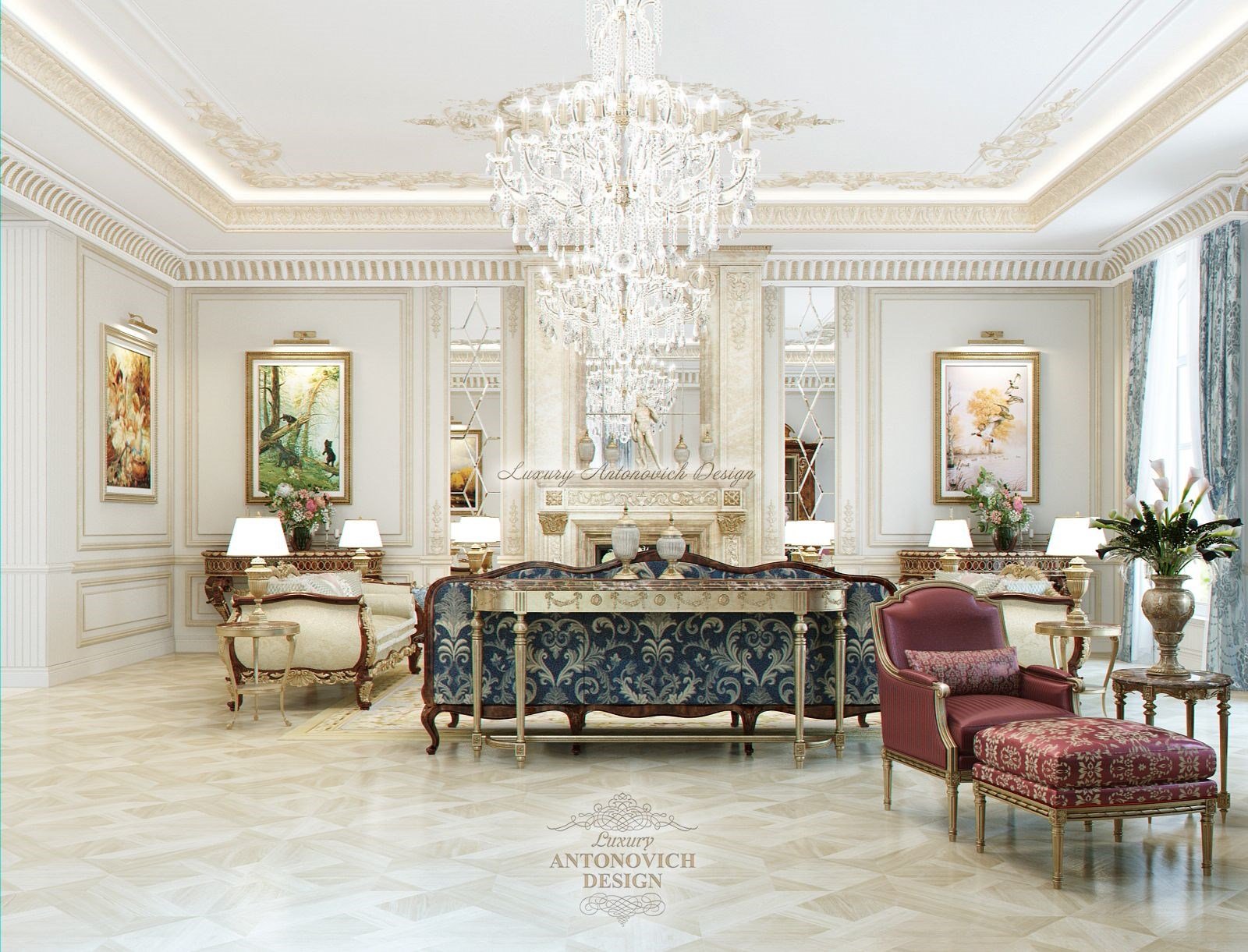 Респектабельная столовая-гостиная особняка в стиле современная классика в Астане