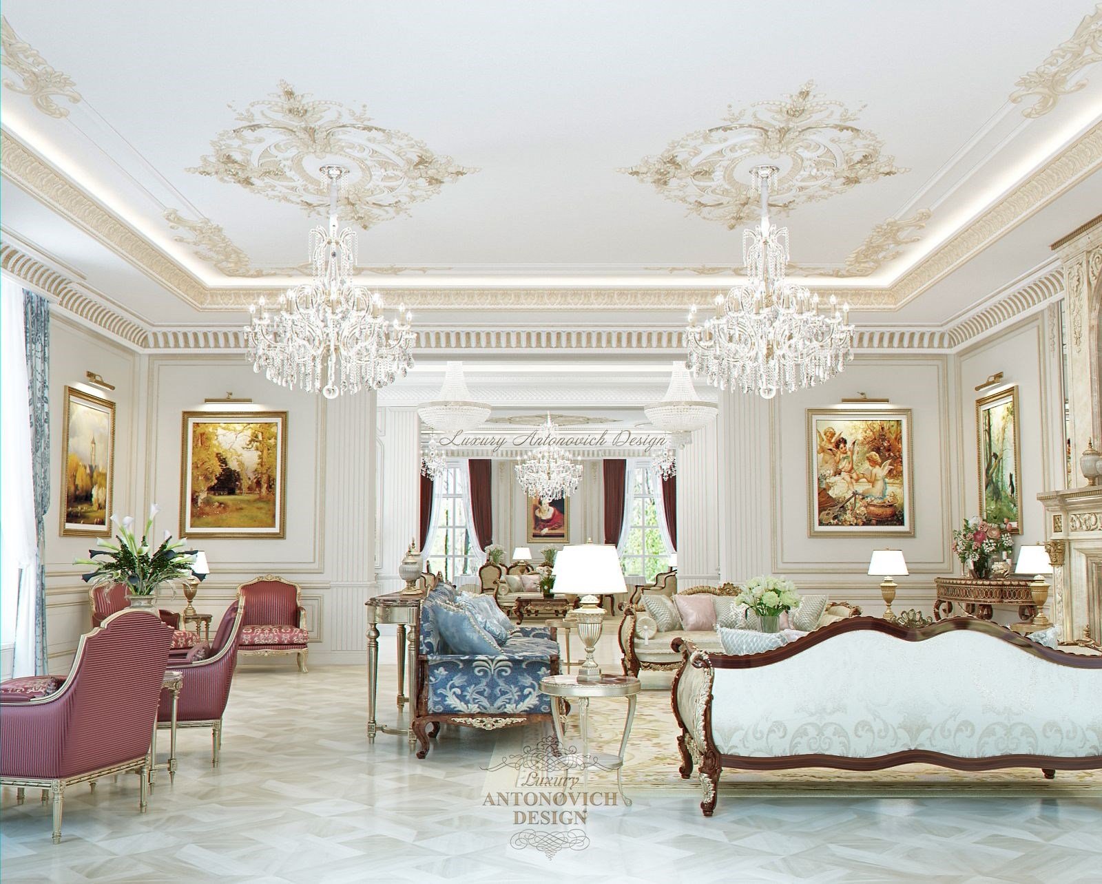 Дизайн интерьера столовой-гостиной особняка в стиле новая классика в Астане