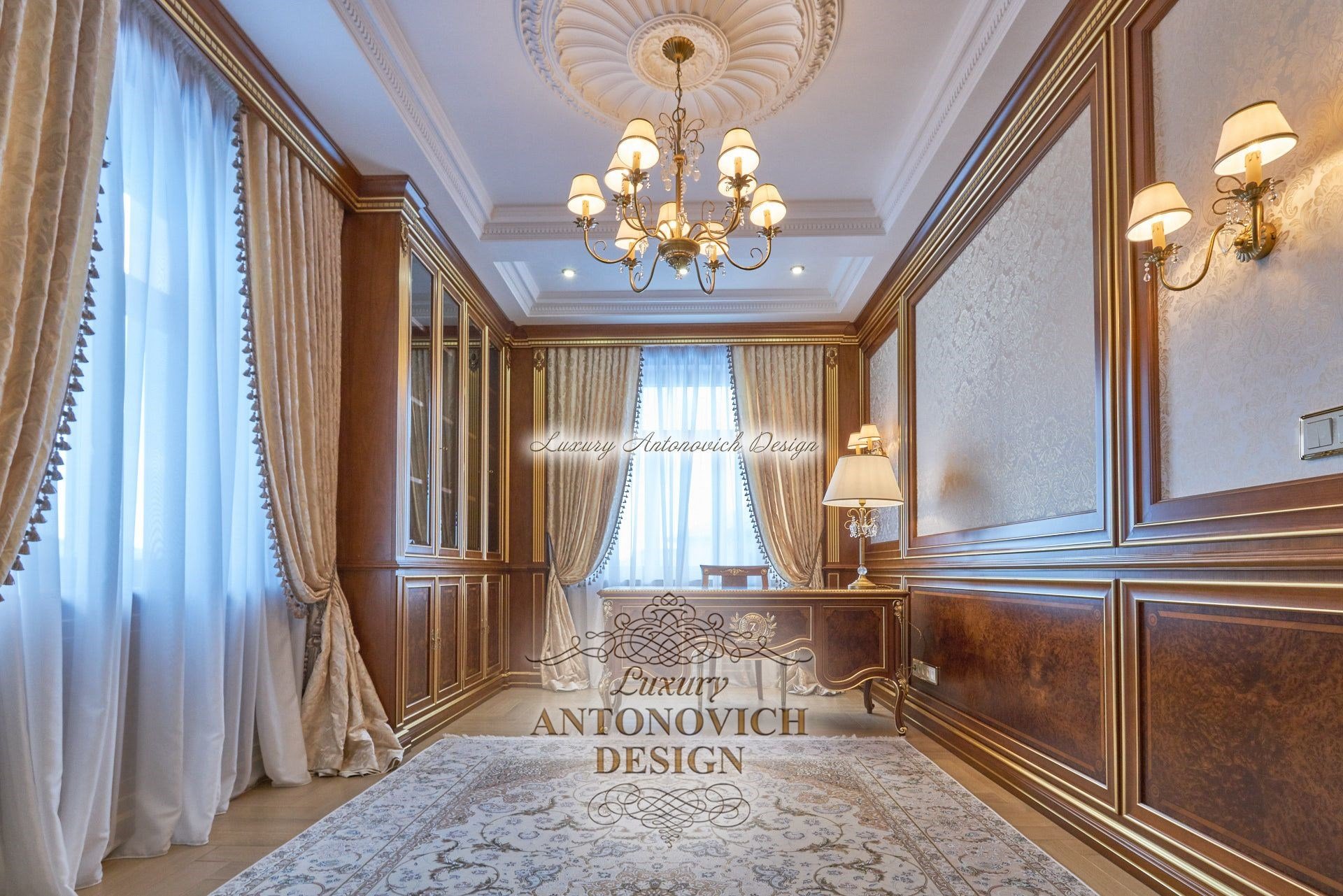 Роскошный классический дизайн интерьера спальни коттеджа в Астане