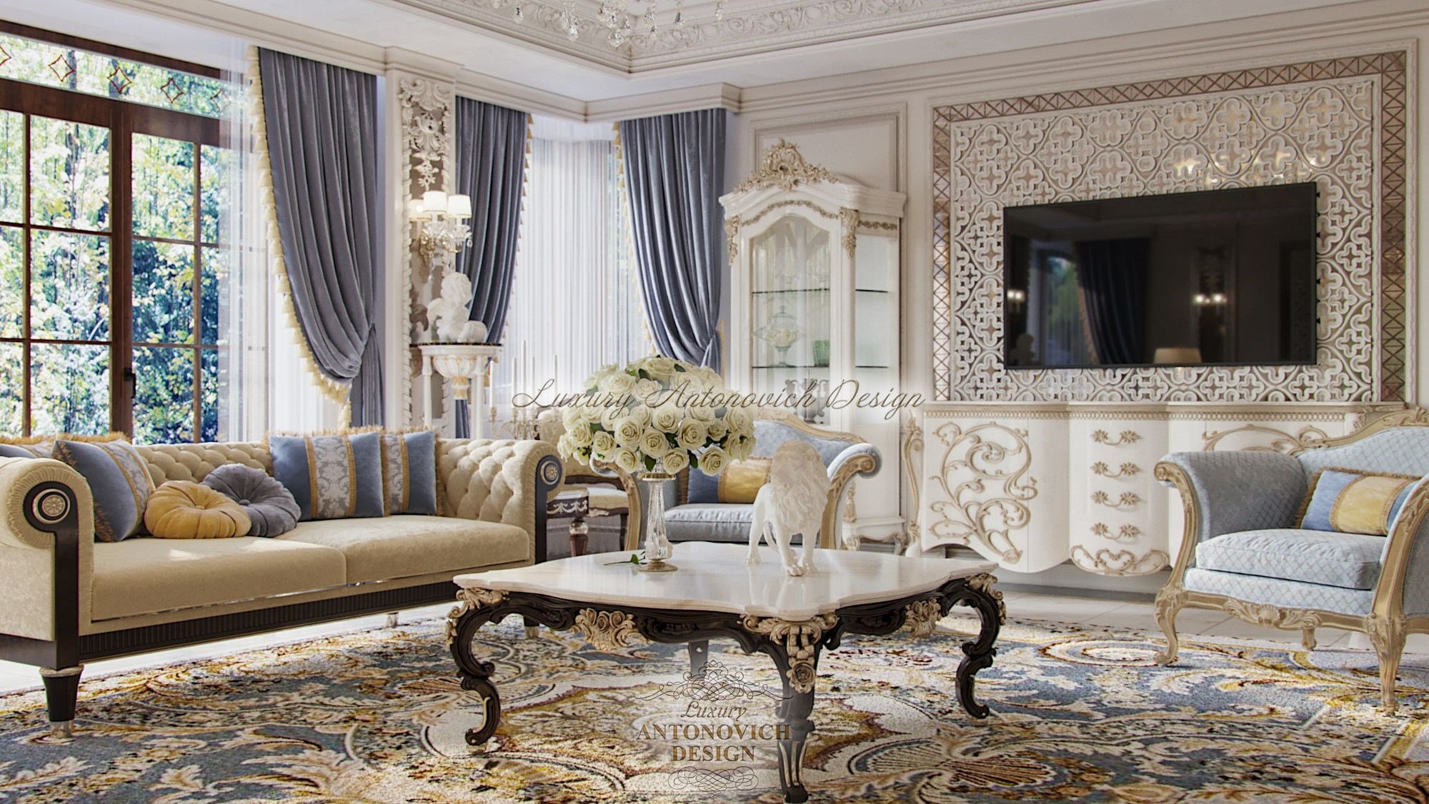 Дизайн интерьера роскошной гостиной в классическом стиле, дом в Будапеште
