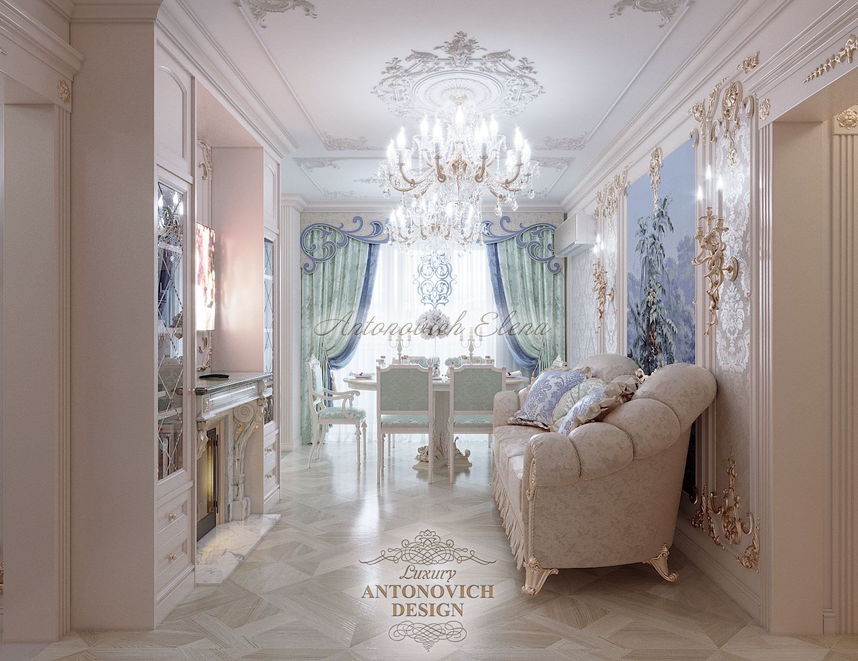 Стильный интерьер гостиной-столовой в классическом стиле от дизайн студии Antonovych Design