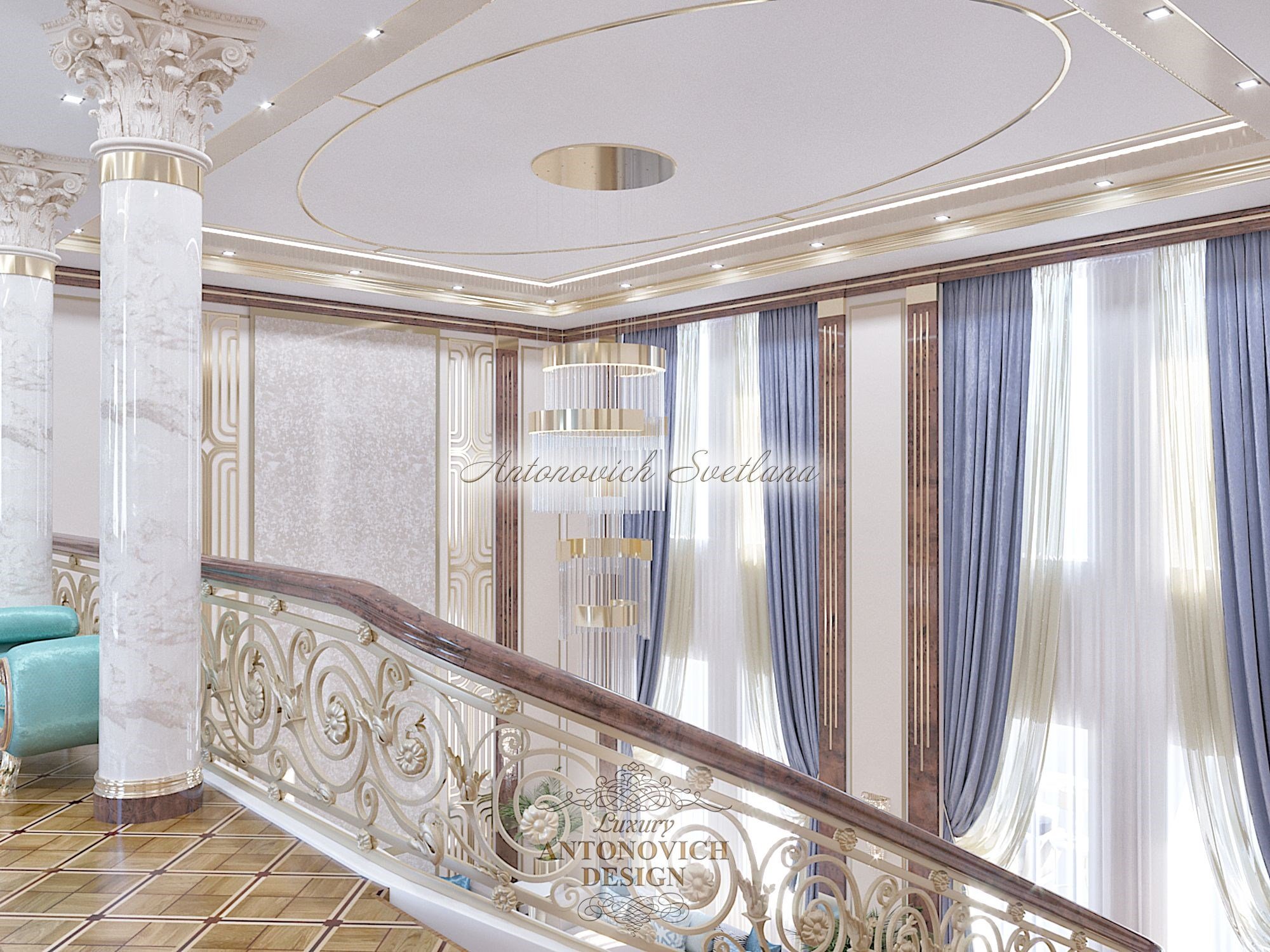 Респектабельный холл в стиле неоклассика, особняк в Алматы