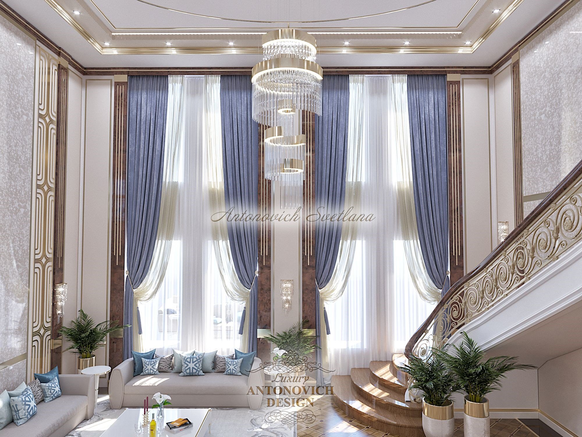 Роскошный интерьер холла на 3 этаже в стиле неоклассика, особняк в Алматы
