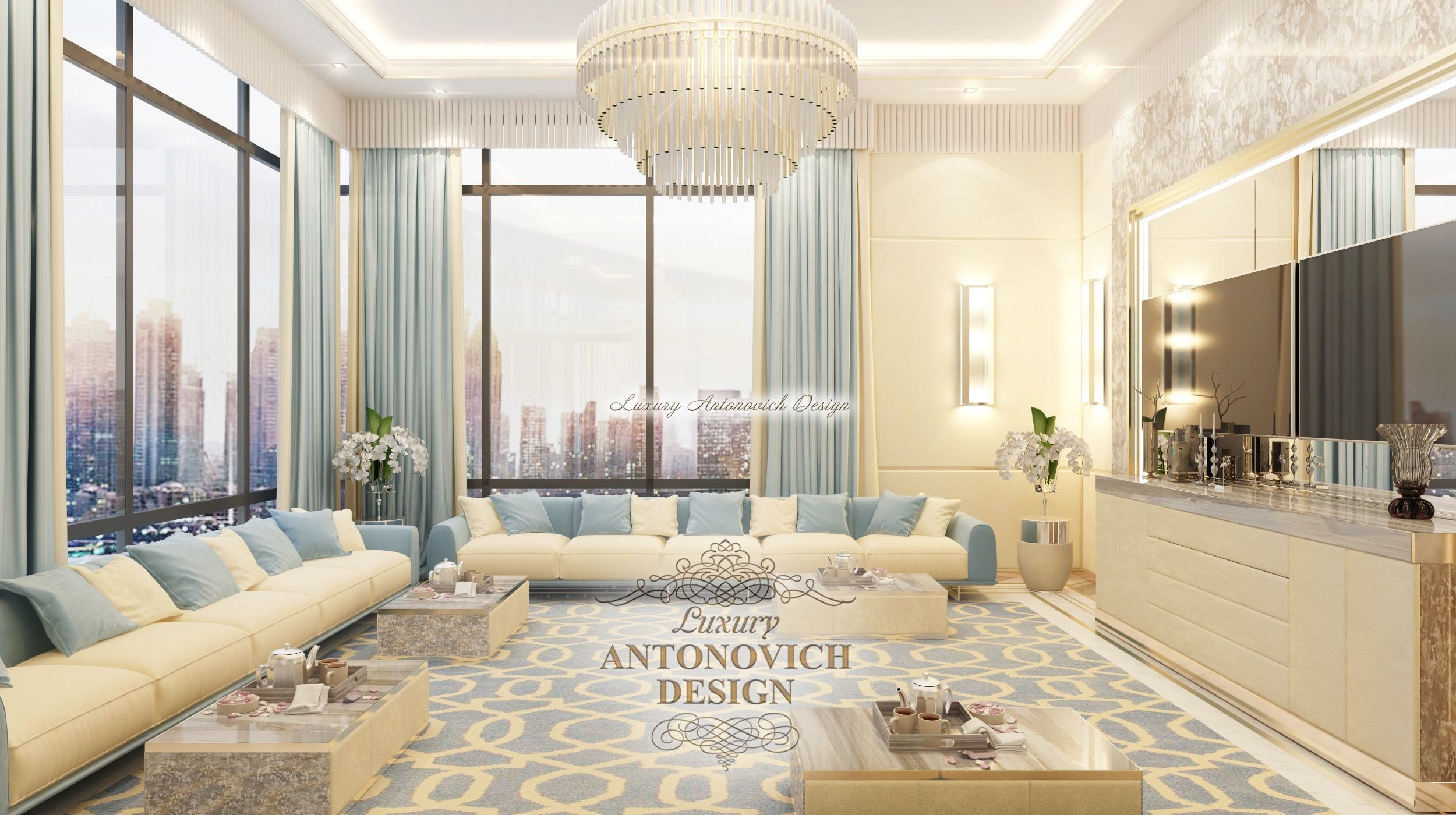 Изысканный современный дизайн интерьера гостиной пентхауса в Дубае