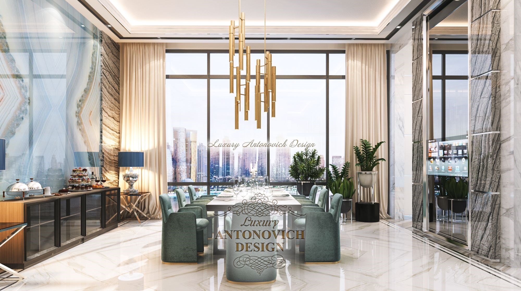 Гостиная в современном стиле пентхауса с панорамным видом на море, Дубай