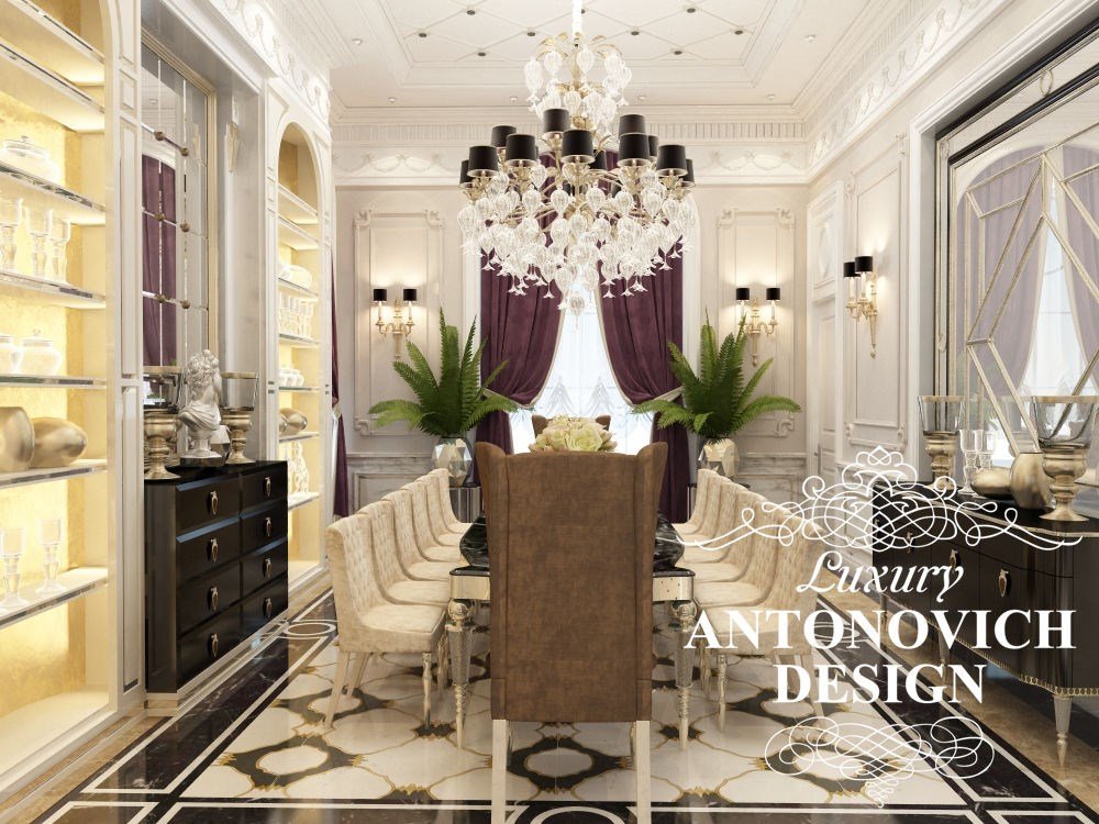 Элитный дизайн проект дома с красивой столовой в стиле современная классика от студии дизайна в Астане Antonovych Design