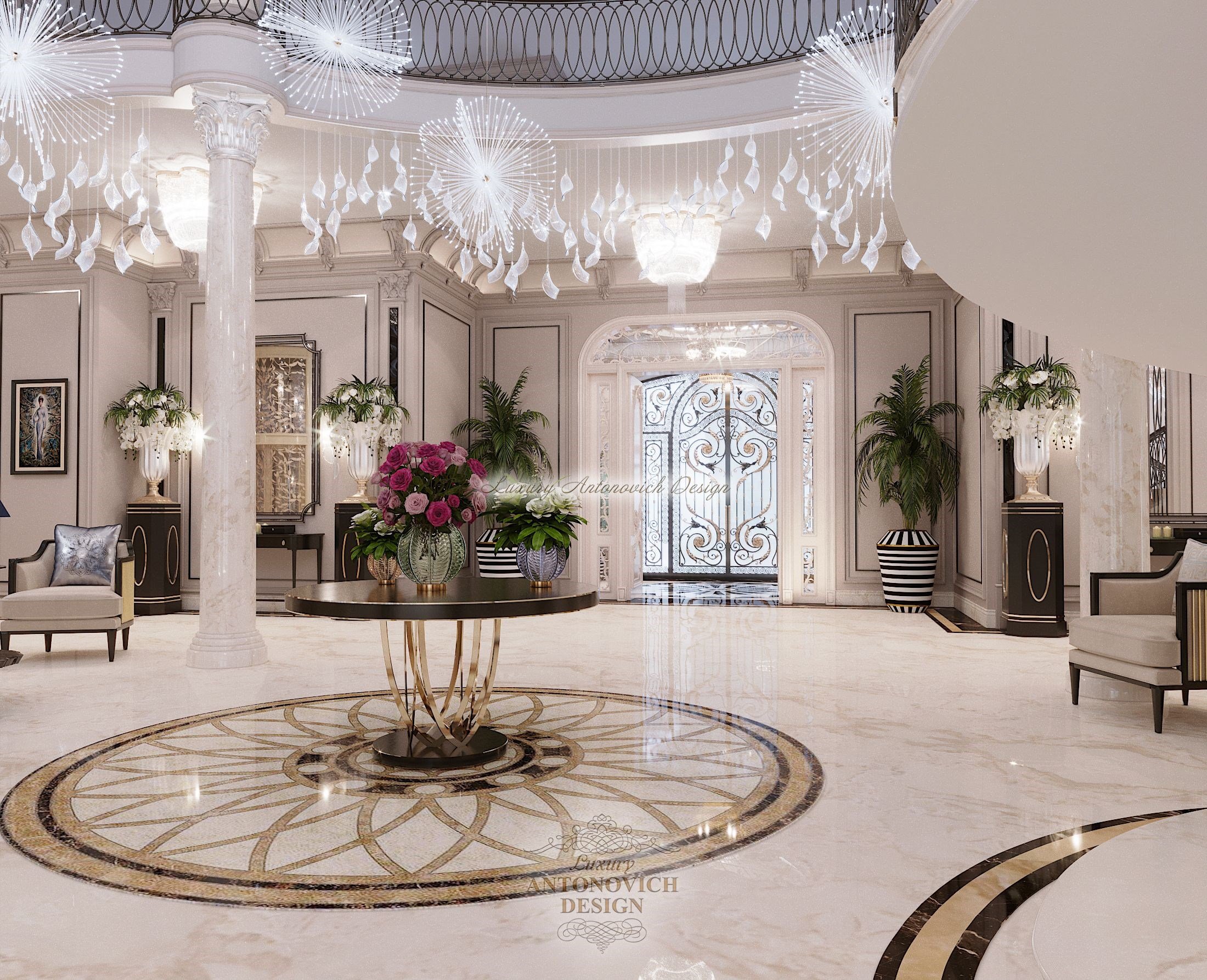 Изысканный интерьер столовой-гостиной особняка в стиле новая классика в Нур-Султане