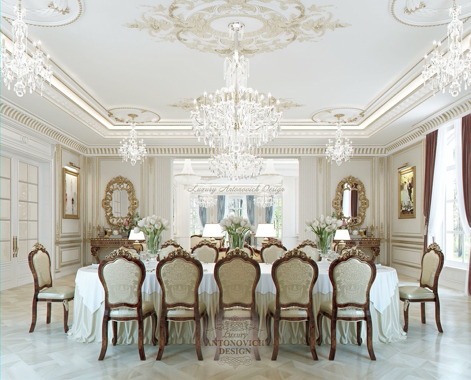 Роскошная столовая-гостиная особняка в стиле новая классика в Астане