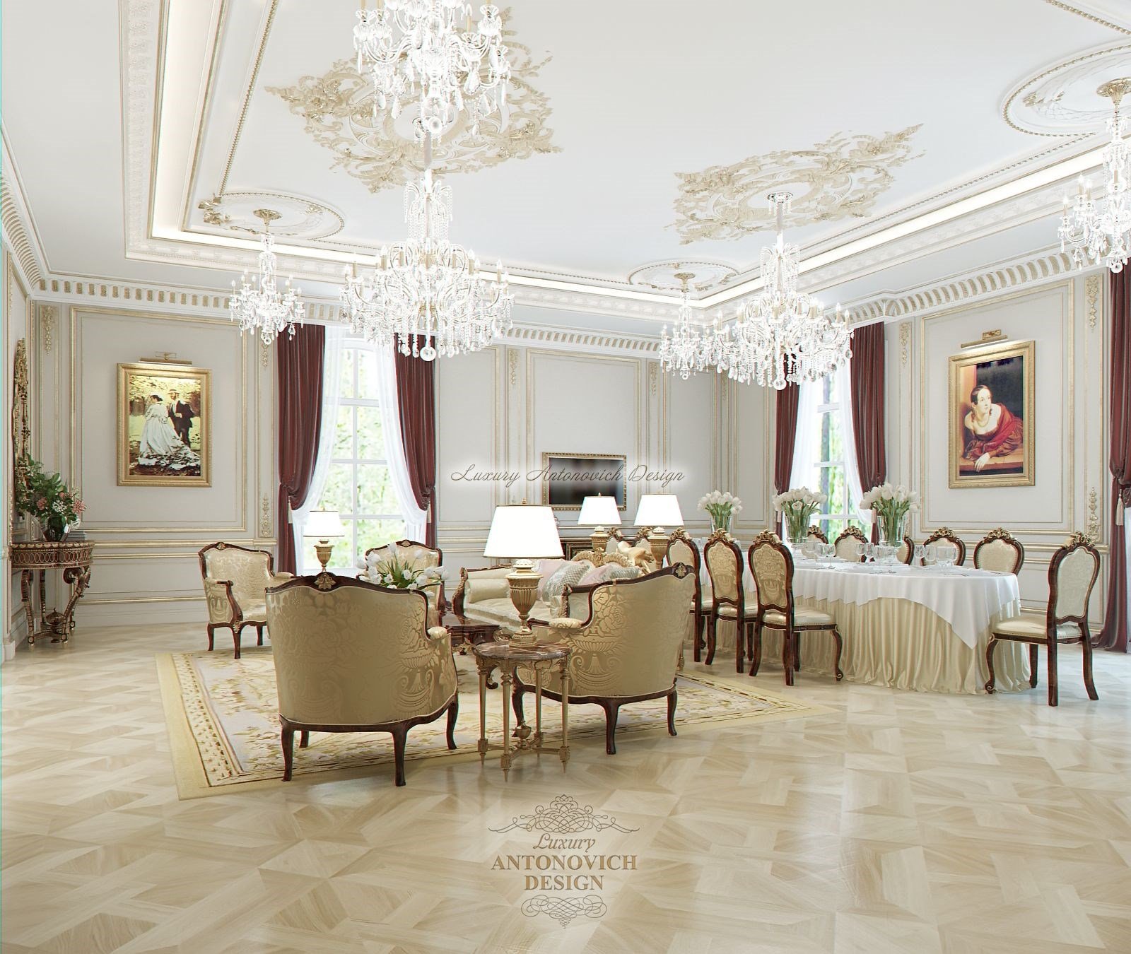 Роскошная столовая-гостиная особняка в стиле современная классика в Астане
