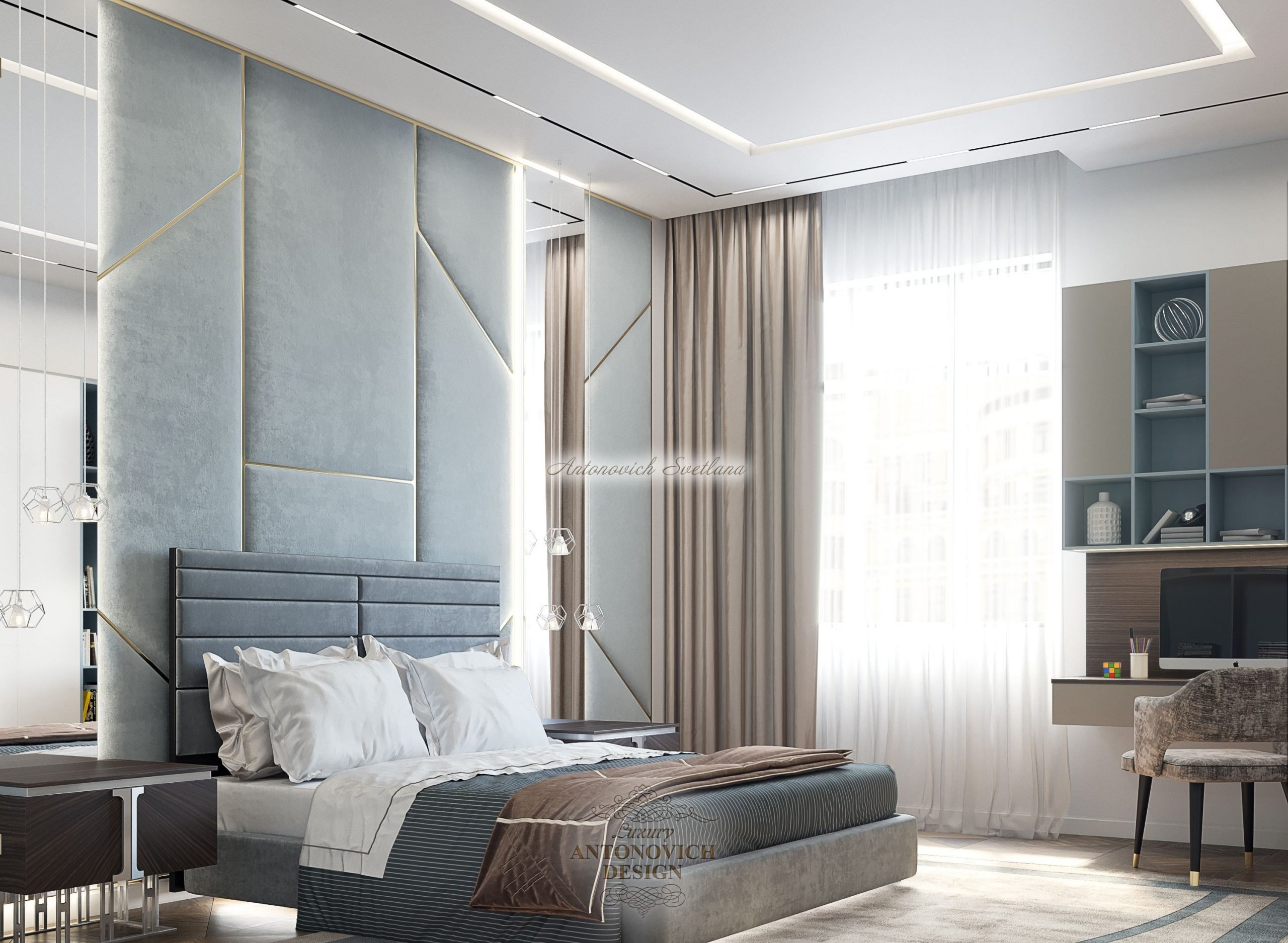 Респектабельная спальня сына в современном стиле, элитные апартаменты в ЖК Сулу в Нур-Султане