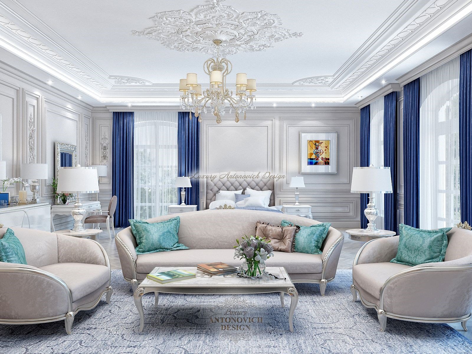 Дизайн интерьера спальни Зарины в стиле неоклассика премиум класса особняка в Астане