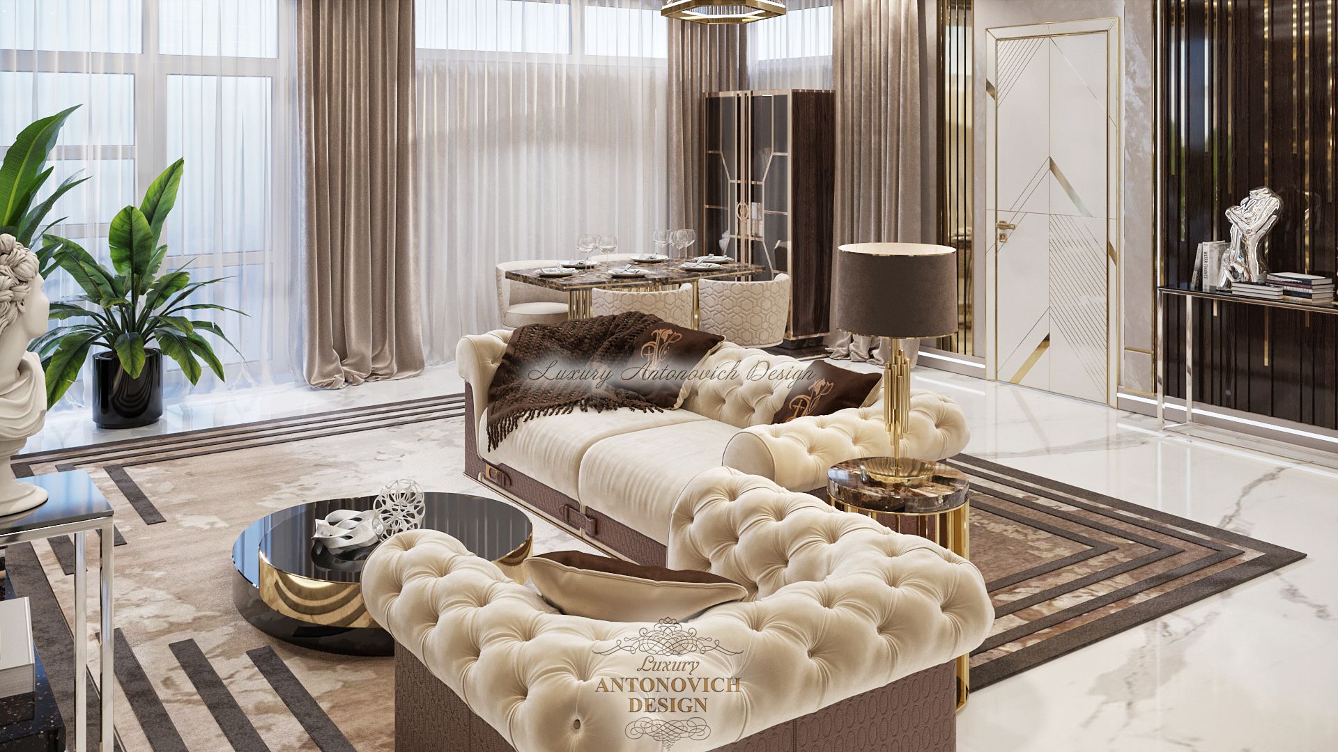 Элегантный интерьер гостиной в стиле контемпорари от студии Antonovych Design
